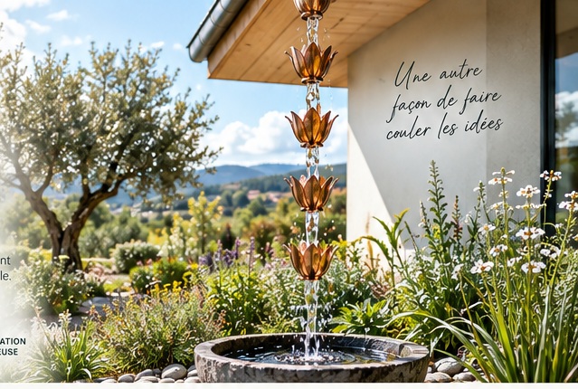 Chaîne de pluie Design O Garden intégrée dans un jardin paysager