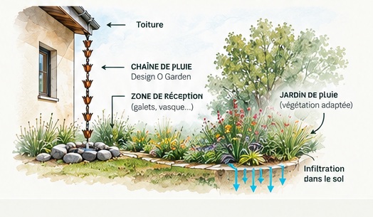 Schéma d'une chaîne de pluie vers un jardin de pluie et une zone d'infiltration